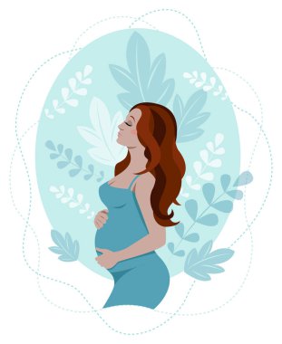  Anneler Günün kutlu olsun. Tebrik kartı. Hamile kız karnına sarılıyor..