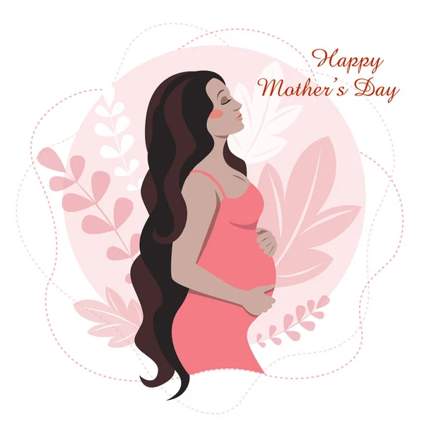 母の日の挨拶カード 妊娠中の女の子彼女の腹を抱擁 — ストックベクタ
