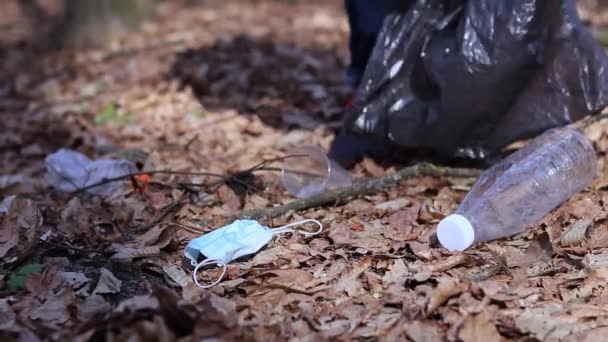 自然が気になる ボランティアはゴミ袋にゴミを集めます ゴミのない惑星の概念 — ストック動画