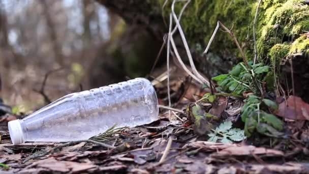 Een Handschoen Haalt Een Plastic Fles Uit Takken Grond — Stockvideo