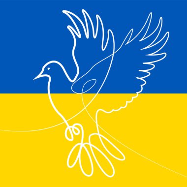 Güvercin. Ukrayna bayrağının arka planında barış kuşu. Ukrayna için dua et. Savaşı durdurun.