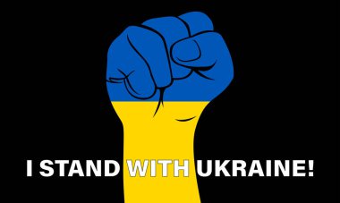 Ukrayna bayrağı renginde bir insan yumruğunun grafiği. Direniş kavramı. Ukrayna halkının gücü bu. Rusya ve Ukrayna arasındaki savaş. Ukrayna ile dayanışma