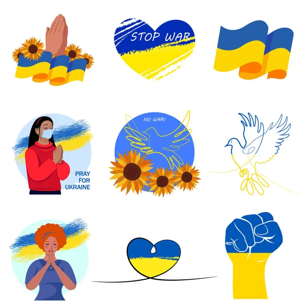 Ukrayna için dua. Ukrayna 'ya destek. Ukrayna sembolleri. Vektör resimlerinin kümesi 