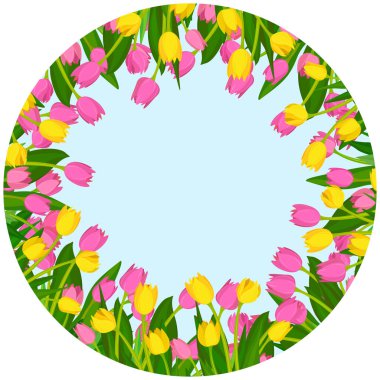 Beyaz arkaplanda izole edilmiş vektör laleleri yuvarlak çerçeve