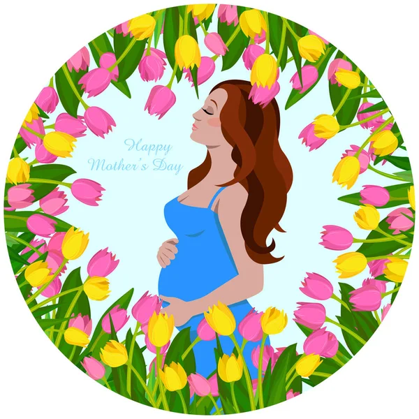 Листівка День Матері Вагітна Дівчина Рамці Тюльпанів — стоковий вектор