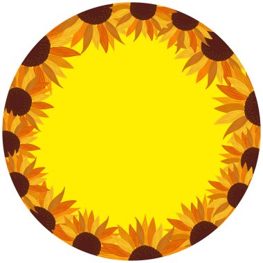 Yuvarlak sarı arkaplan ve ayçiçekleri. Metnin için yuvarlak çerçeve 