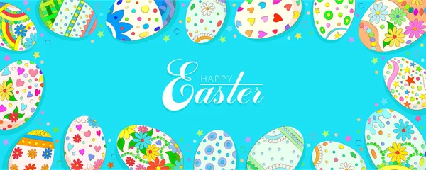 Happy Easter Banner Stylized Eggs Blue Background Banner Wite Decorative — стоковый вектор