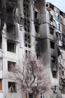 Ukrayna, Borodyanka - 04.21.2022: Savaş tarafından yıkılan bir bina, yıkılmış duvarlar ve yanmış siyah izler. Konut binasının patlayan daireleri. Rusya 'nın Ukrayna' ya yaptığı saldırıların sonuçları. 
