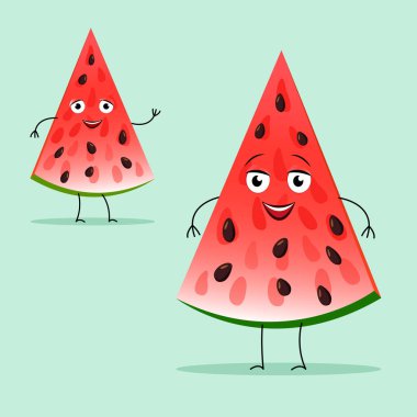 Set ve iki karpuz karakteri. Gülümseyen karpuz dilimleri. Yaz konsepti
