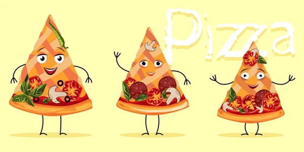 Set Three Cartoon Characters Pizza Slices Smiling Pizza Slices Different — Vettoriale Stock
