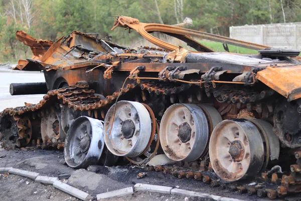 Oekraïne Dmytrivka Oblast Kiev 2022 Verbrande Russische Tank Gevolgen Van — Stockfoto