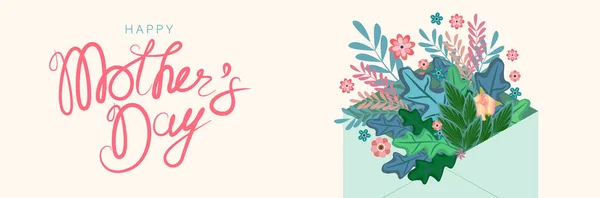 Mother Day Card Vector Banner Written Envelope Flowers Handwritten Text — Stockový vektor