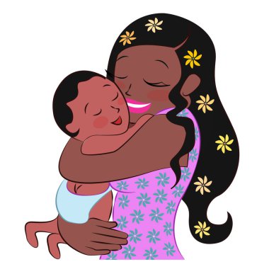 Anneler Günün kutlu olsun. Kollarında çocuğu olan Afrikalı Amerikalı ya da İspanyol kadın.