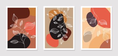 Boyama vektörü ayarlandı. Renkli bir yamanın soyut şekline sahip bir yaprak deseni. Basılı resimler, kapaklar, arka planlar, duvar kağıtları için soyut çiçek tasarımı. Vektör illüstrasyonu