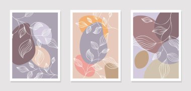 Boyama vektörü ayarlandı. Renkli bir yamanın soyut şekline sahip bir yaprak deseni. Basılı resimler, kapaklar, arka planlar, duvar kağıtları için soyut çiçek tasarımı. Vektör