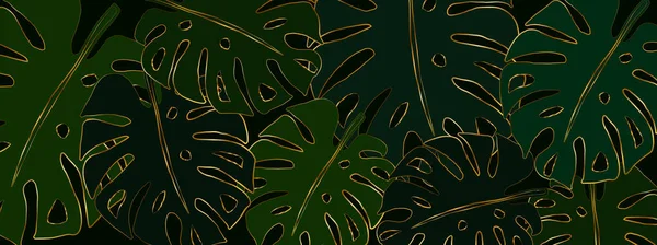 Dark Green Banner Filled Outline Gold Monstera Leaves Vector Luxury — стоковый вектор