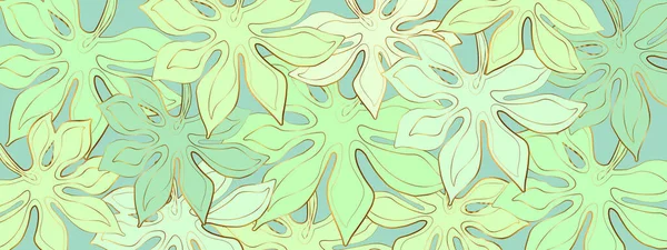 Floral Light Green Background Tropical Leaves Drawn Thin Golden Lines — Image vectorielle