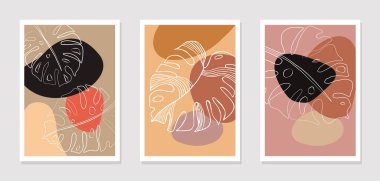 Duvar sanatı vektör çizimleri. Canavar yaprağı ve soyut şekillerin ana hatları. İzler, kapaklar, arka planlar, duvar kağıtları için soyut çiçek tasarımı. Vektör illüstrasyonu