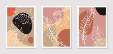 Duvar sanatı vektör çizimleri. Tropikal bitkilerin ve soyut şekillerin ana hatları. İzler, kapaklar, arka planlar, duvar kağıtları için soyut çiçek tasarımı. Vektör illüstrasyonu