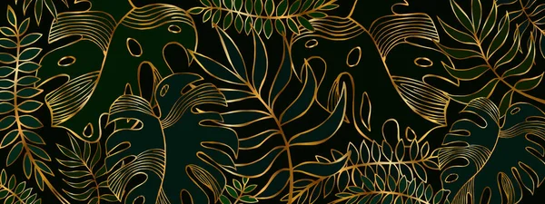 Banner Vetorial Com Plantas Tropicais Estilizadas Luxuosas Com Contorno Dourado — Vetor de Stock