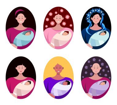 Aile, anne ve çocuğun vektör çizimleri. Kollarında bebekle bir daire çizen bir kadın.