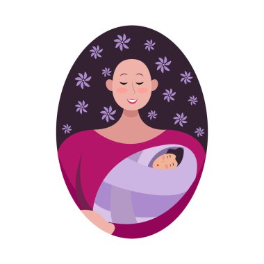 Bebekli bir kadının stilize edilmesi. Saçında çiçekler olan bir kız kucağında bir çocuk tutuyor. Annelik