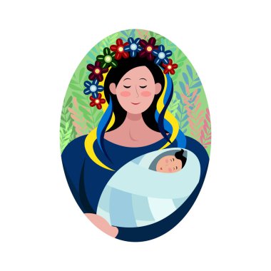 Bebekli genç bir anne. Saçında çiçek çelengi ve parlak kurdeleleri olan bir kadın. Mutlu annelikler. Anneler Günü elementi!