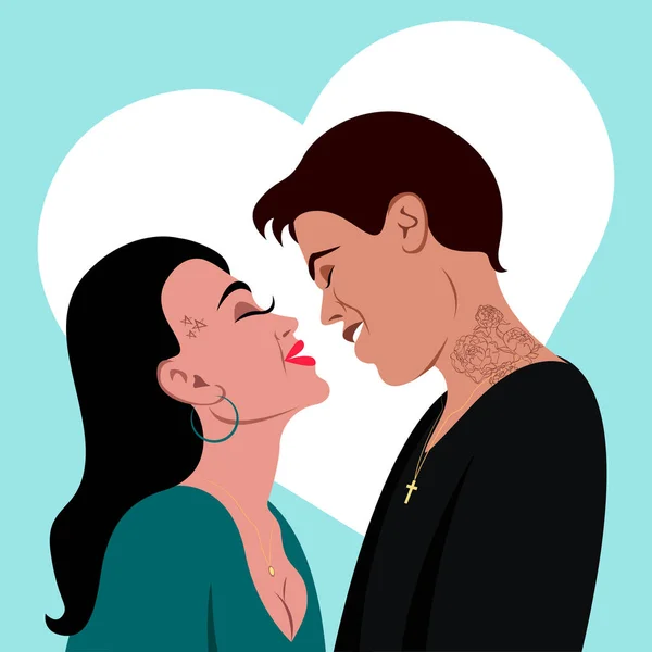 Junges Verliebtes Paar Mit Tätowierungen Post Zum Valentinstag Beziehung Kuss — Stockvektor