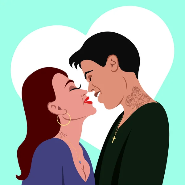 Jong Stel Verliefd Tatoeages Post Voor Valentijnsdag Relatie Kus Vectorillustratie — Stockvector