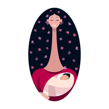 Anne ve çocuğun stilize edilmesi, uzun boyunlu ve saçlarında çiçekler olan bir kadının kollarında bir bebek.
