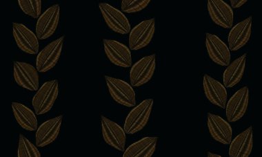 Koyu bir arka planda dikey çizgilerle sıralanmış, biçimlendirilmiş altın yaprakların kusursuz deseni. Bitki deseni