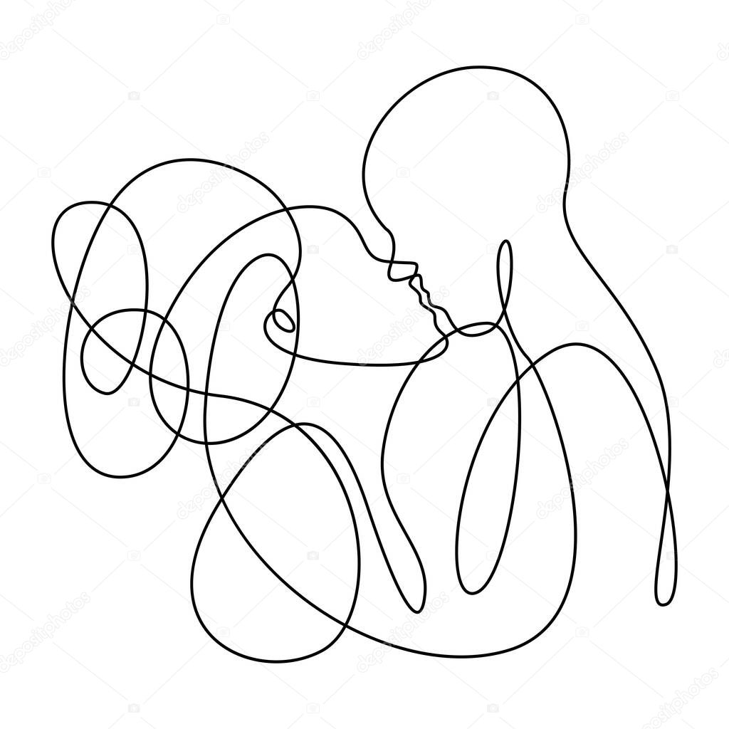 Kiss illustration. Stylized people, couple in love drawn with one line.