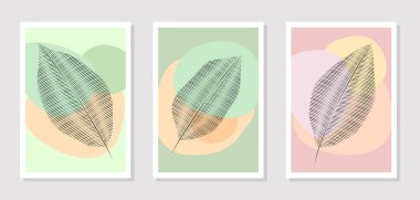 Yapraklı vektör deseni soyut noktalarda, duvar dekorunda. Resimler, kartpostallar, kartvizitler ve posterler için bir set resim.