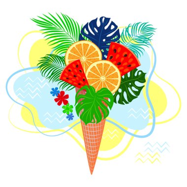 Waffle fincanı, yaz konsepti elementleri, portakal dilimleri, karpuz, canavar yaprakları ve palmiye yapraklarıyla vektör yaz illüstrasyonu. Seyahat acentesi ya da reklam için web sitesi afişi