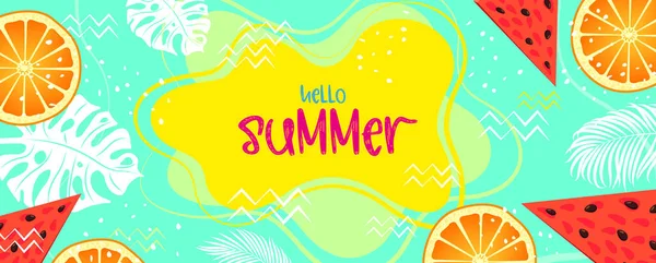 カラフルな夏の背景 バナーデザイン 水平ポスター グリーティングカード 明るい色のウェブサイトヘッダー 夏の初めにおめでとうと背景にスタイリッシュな果物 — ストックベクタ