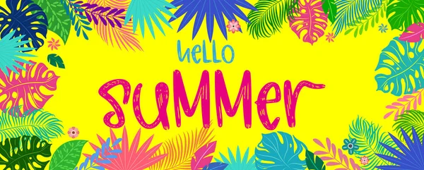 Hello Summer Colorful Summer Background Tropical Plants Banner Design Horizontal — Stock Vector