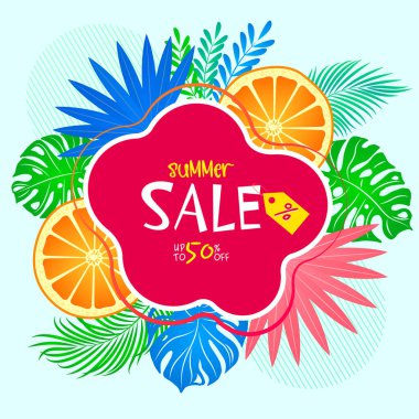 Tropikal bitkiler ve portakal dilimli parlak reklam afişi ve indirimin boyutunun bir göstergesi. Alışveriş için yaz indirimi. Yüzde 50 indirimli.