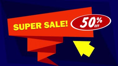 % 50 indirimli. Süper satış. Promosyon teklifinin animasyon videosu, fiyat indirimi