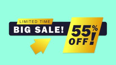 % 55 indirimli. Sınırlı zamandaki büyük satış. Motion graphic, animasyon videosu promosyon teklifi, fiyat indirimi