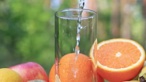 Wasser Wird Ein Transparentes Glas Gegossen Nahaufnahme Video Früchte Werden — Stockvideo