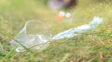 Yazın ormanda çöp toplama. Bir gönüllü yerden nesneler topluyor. Çevreyi temizlemek için gönüllü bir iş. Çimlerden plastik bir bardak aldım.