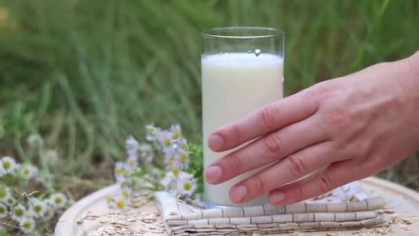 Пей Молоко Высокого Стакана Пикник Природе Здоровый Образ Жизни Здоровая — стоковое видео