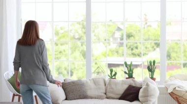 Kız parlak bir dairede maskaralık yapıyor, neşe, maskaralık. Yeni bir daireye taşınmak, tamiri tamamlamak. Arkadan söylendiği gibi, pencerelerin arkasında aptalca bir dans.