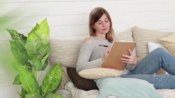 Girl Thoughtfully Writes Something Notebook Keeping Diary Girl Bed Taking — Stock Video