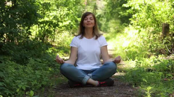 Het Meisje Mediteert Het Bos Park Rust Uit Natuur Genezingspraktijken — Stockvideo