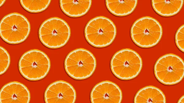 Background Orange Slices Red Background Fruity Background Juicy Citrus Slices — Fotografia de Stock