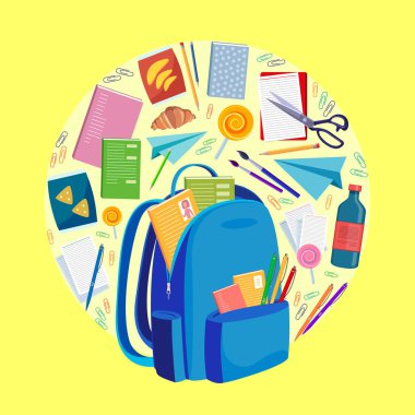 School supplies: backpack, pencils, brushes, books, pens, paper clips, notepads, food and drinks. Back to school