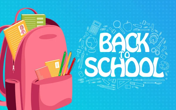 Back School Text Pink Backpack White Pencil Elements Vector Illustration — Διανυσματικό Αρχείο