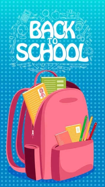 Back School Text Pink Backpack White Pencil Elements Vector Vertical — Διανυσματικό Αρχείο