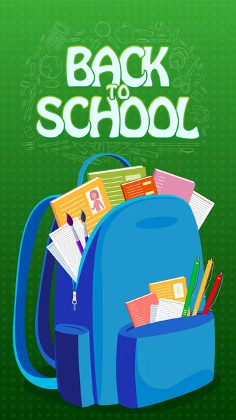 Back School Text Blue Backpack White Pencil Elements Vector Vertical — Stok Vektör